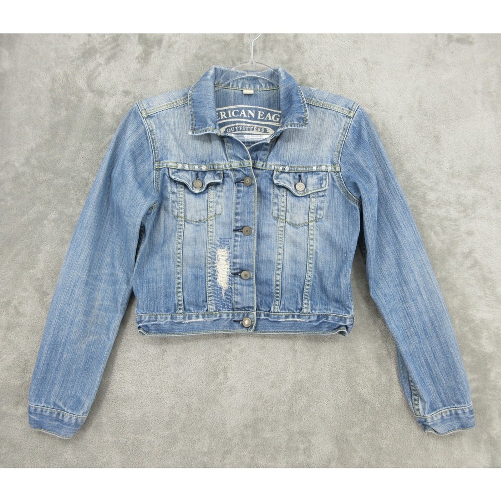 American Eagle Jean Jacket Womens Size M Distressed Trucker Medium Wash Blue